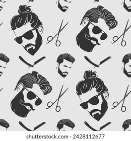 Barbershop seamless pattern with hipster face, hairdressing scissors and razor. Vector illustration