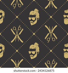 Barbershop seamless pattern with hipster face, hairdressing scissors and razor. Vector illustration