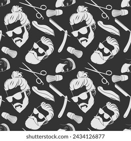 Barbershop seamless pattern with hipster face, hairdressing scissors and razor. Vector illustration