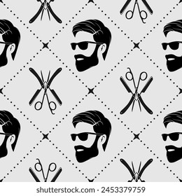 Barbershop seamless pattern with hipster face, hairdressing scissors and razor. Vector illustration