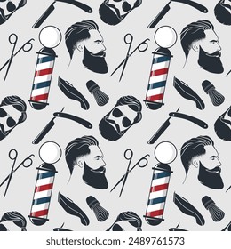 Barbershop seamless pattern with hipster face, hairdressing scissors and razor. Vector illustration