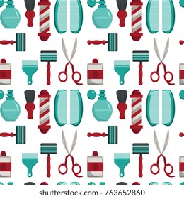 Barbershop seamless pattern with razor, shaving brush, hair comb, lotion and barber pole, vector illustration on white background. Seamless pattern, background, backdrop with cartoon barbershop items