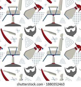 Barbershop Seamless Pattern with Spray Bottle, Barber Chair, Straight Razor, and Beard. You can use this design to create poster, tshirt, pillow, tote bag, pouch, phone case, etc.