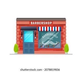 Barbershop service building storefront facade. Gentleman hairdresser salon, barber shop storefront with awning and scissors and mustaches sticker on window. City architecture, local business building
