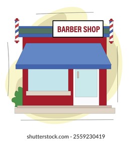 Barbershop service building storefront facade.City architectur, local business building