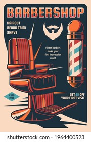 Barbershop Service Retro Poster, Men Hairdresser Or Haircut Stylist Saloon Vintage Vector Banner. Hairdresser Pole Sign With Color Spiral Stripes, Old Leather Chair And Beard, Mustaches Silhouette