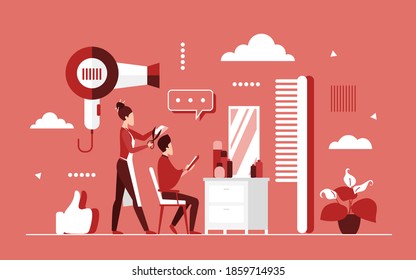 Barbershop service vector illustration. Cartoon hipster grooming place with mirror in male beauty salon for haircut, barber stylist hairdresser character cutting adult client hair concept background