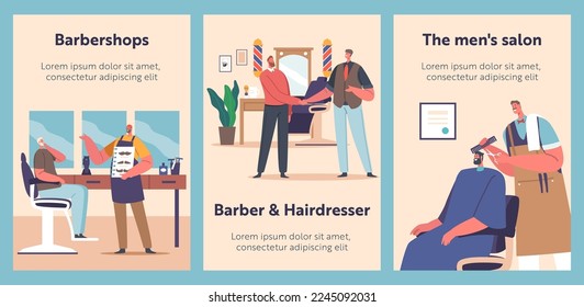 Barbershop Services Cartoon Banners. Barber Offer to Client Mustaches Style, Doing Haircut, Grateful Customer Shaking Hand to Hairdresser Master in Barbershop Beauty Salon. Vector Illustration Posters