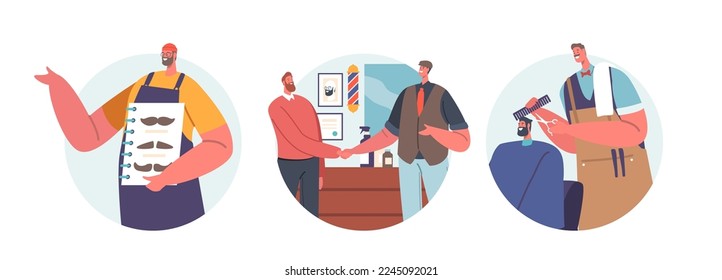 Barbershop Services Isolated Round Icons or Avatars. Barber Offer to Client Mustaches Style, Doing Haircut, Customer Shaking Hand to Hairdresser Master in Barbershop. Cartoon Vector Illustration
