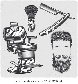 Barbershop set. Black and white illustration. Isolated on light backgrond with grunge noise and frame.