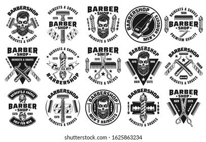 Barbershop set of fifteen vector emblems, badges, labels or logos in vintage monochrome style isolated on white background