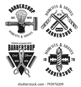 Barbershop set of four emblems in monochrome style vector illustration isolated on white background