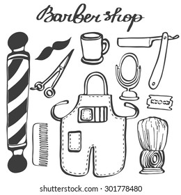 Barbershop set. Hand-drawn cartoon hairdressing stuff. Doodle drawing. Vector illustration. 
