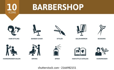 Barbershop set icon. Editable icons barbershop theme such as hair styling, styler, scissors and more.