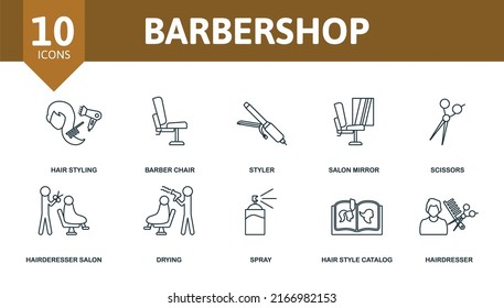 Barbershop set icon. Editable icons barbershop theme such as hair styling, styler, scissors and more.