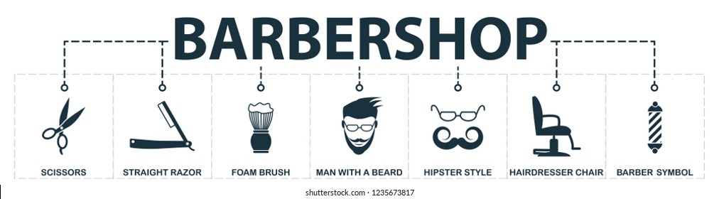 Colección de iconos de conjunto de Barbershop. Incluye elementos sencillos como tijeras, navaja recta, cepillo de espuma, silla de peluquería, estilo hipster, símbolo de iconos de primera calidad