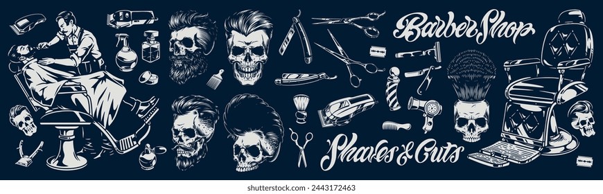 Barbershop set labels monochrome with skulls and items for shaving and hair cutting in barber shop vector illustration