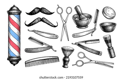 Barbershop set. Shaving and haircut accessories. Vintage style ink drawing isolated on white background.