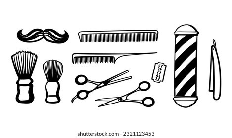 Barbershop set. Shaving and haircut accessories. Gentlemen things collection. Sketch vintage illustration of shaving and hairdresser equipments razor, comb, scissors, barbershop pole