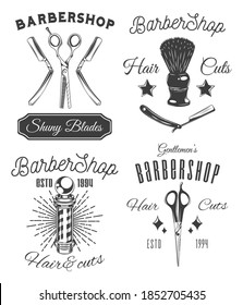 Barbershop set of stickers, labels, logo, stamp, templates, advertisement, print for typography shiny blades, hair cuts, barber pole, instruments of barber, vintage barbershop lettering collection