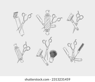 Barbershop shave collection with clipper, trimmer, blade, shaving brush, scissors, comb, straight razor, barber pole drawing on light background