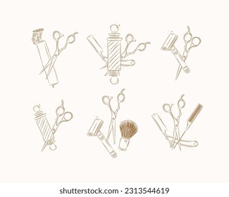 Barbershop shave collection with clipper, trimmer, blade, shaving brush, scissors, comb, straight razor, barber pole drawing on brown background