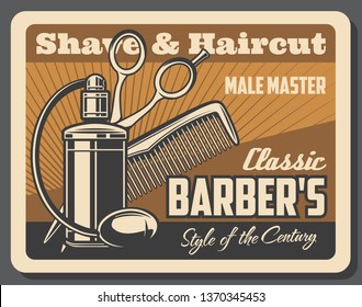 Barbershop, shave and haircut service vector design. Hair, beard or mustache shaving and styling, scissors, comb and bottle of cologne with bulb atomizer, retro promo poster of Barber Shop