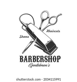 Barbershop shaver and scissors vector icon of barber shop, hair cut and beard shave salon. Crossed tools of gentlemen hairdresser or barber, isolated badge of electric razor, trimmer and shears