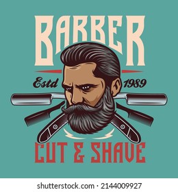 barbershop shaving blade with beard man head vintage emblem logo