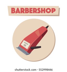 Barbershop. Shaving machine logo. Cartoon vector illustration. 