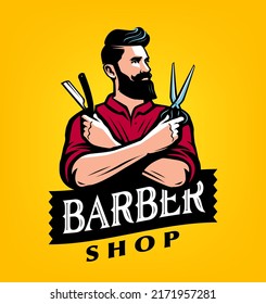 Barbershop signboard. Mens beauty salon emblem. Hairstylist, barber with beard and mustache vector illustration