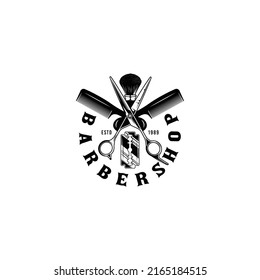 barbershop simple minimalist logo design with elegant ornament scissor comb brush emblem icon vector razor blade beard shaver trimmer hair dryer