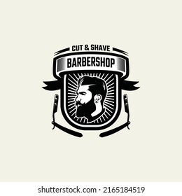 barbershop simple minimalist logo design with elegant ornament scissor comb brush emblem icon vector razor blade beard shaver trimmer hair dryer