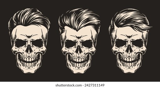 Barbershop skulls set elements monochrome with three heads of dead with different hairstyles for hairdresser website design vector illustration