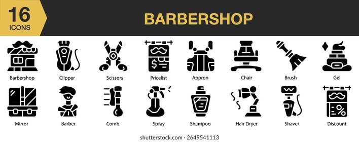 Conjunto de ícones sólidos da Barbearia. Inclui barbeiro, barbearia, cabeleireiro, corte de cabelo, cabelo e muito mais. Coleção vetorial de ícones sólidos.