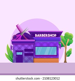 Concepto de tienda de barbería Storefront Flat Design E-Commerce. tienda o tienda de la imagen plana del vector frontal en el fondo del espacio de la ciudad.