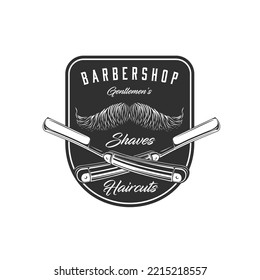 Barbershop Straight Razor Vector Icon Of Barber Shop, Hair Cut And Beard Shave Salon. Hipster Man Mustache Or Gentleman Moustache With Crossed Blades And Handles Of Open Straight Razor Isolated Badge