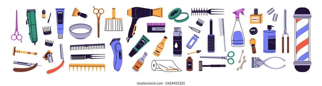 Barbershop supplies set. Different hairdressing tools. Equipments for beard, moustache care, hair cut, shave. Scissors, combs, clipper, razor, barber pole. Flat isolated vector illustration on white