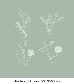 Barbershop symbol compositions collection with clipper, trimmer, blade, shaving brush, scissors, comb, straight razor, barber pole drawing on green background