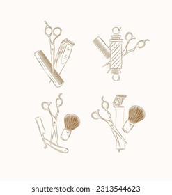 Barbershop symbol compositions collection with clipper, trimmer, blade, shaving brush, scissors, comb, straight razor, barber pole drawing on brown background
