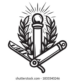 Barbershop tattoo vintage concept with barber metal pole razor and olive branches isolated vector illustration