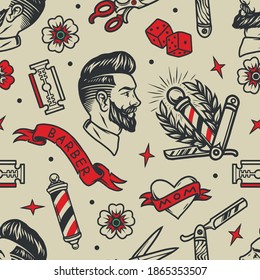 Barbershop tattoos vintage seamless pattern with barber metal striped pole scissors dice stylish bearded man flowers heart straight razor and razor blades vector illustration