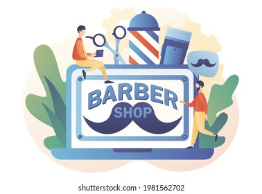 Barbershop - text on laptop screen. Men salon. Barbers care hair and beard. Haircut, beard trimming and shaving services concept. Modern flat cartoon style. Vector illustration on white background