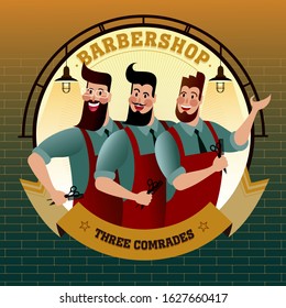 Barbershop Three Comrades. Flat vector logo mockup for a layout landing page or design advertising banner.