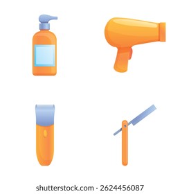 Barbershop tool icons set cartoon vector. Hair equipment kit for beauty salon. Professional accessory