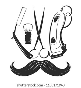 Barbershop tool symbol and mustache silhouette