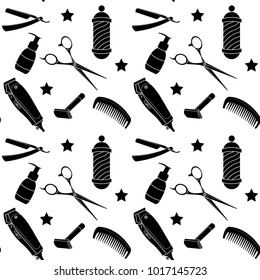 Barbershop tools background, seamless vector illustration. Black silhouettes technique drawing.