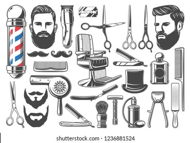 Barbershop tools and equipment, beard or mustache shave and haircut. Vector set of barber shop pole signage, chair or scissors, shaving brush, hair clipper and razor, hairdryer and hat