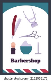 Barbershop tools and equipment poster template, flat vector illustration. Vintage and double edge razor, beard scissors and shaving brush. Concept of hairdresser for men.