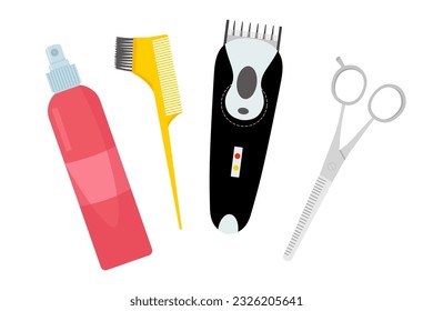 Barbershop tools and equipment set vector illustration. Cartoon isolated mens hairdressers collection with metal scissors of barber, hair care comb and beard clipper trimmer, hairspray bottle